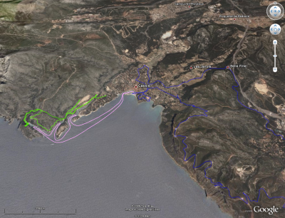 Combined tracklog from holiday in Cassis, France; viewed in Google Earth